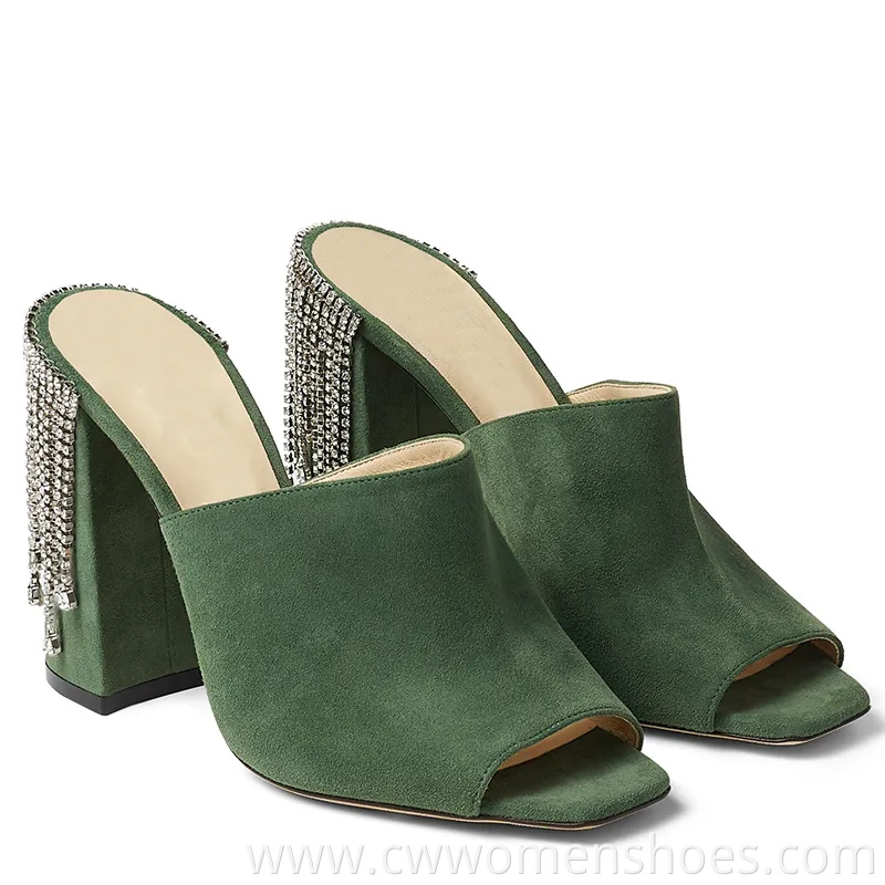 Large Size High Heels Women Silver Block Heel Mules with Crystal Drape